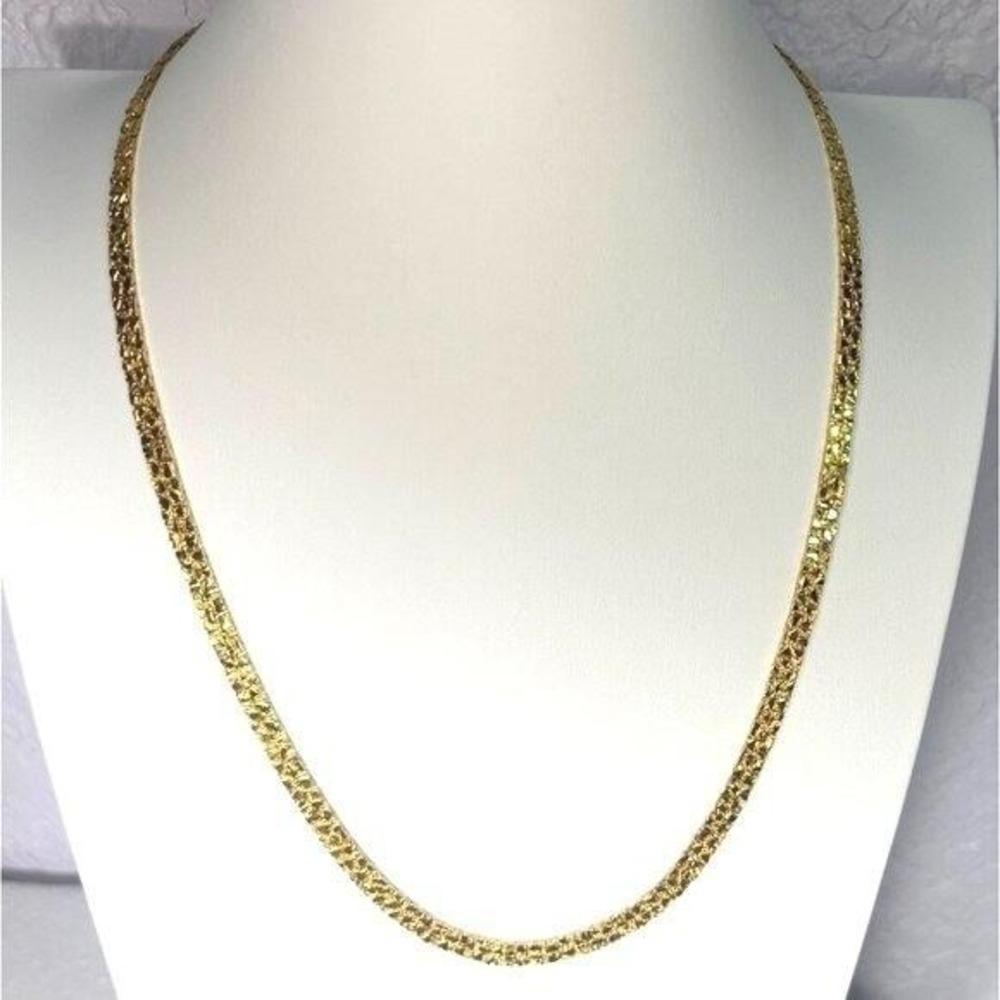 Vintage Unisex Chain Necklace Nugget Textured Fold over Clasp Gold Tone 24" 6mm